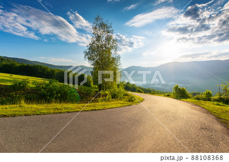 serpentine mountain road down the hill. trees meadow along the way. fog rising in the distant valley. sun above horizon. fluffy clouds on the sky. idyllic travel scenery on a summer morning 88108368