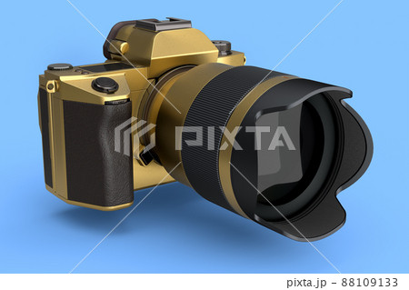 Concept of nonexistent gold DSLR camera with macro lens isolated on blue 88109133