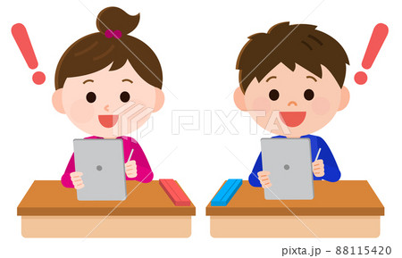 エドテック　タブレット端末を使った授業を受ける男の子と女の子イラスト 88115420