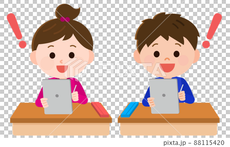 エドテック　タブレット端末を使った授業を受ける男の子と女の子イラスト 88115420