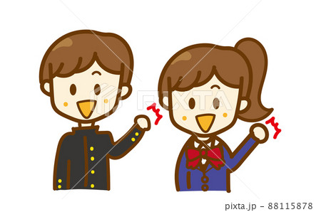 勉強にやる気を出すかわいい受験生の高校生カップル二人の手書きイラスト 絶対合格するぞ ガッツポーズのイラスト素材