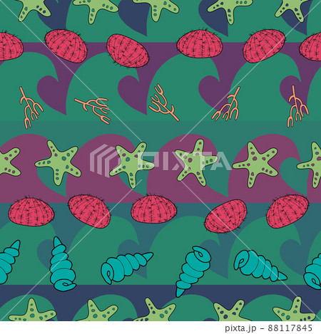 Cute ocean elements, seamless pattern on wave background Cute ocean elements, seamless pattern on wave background 88117845
