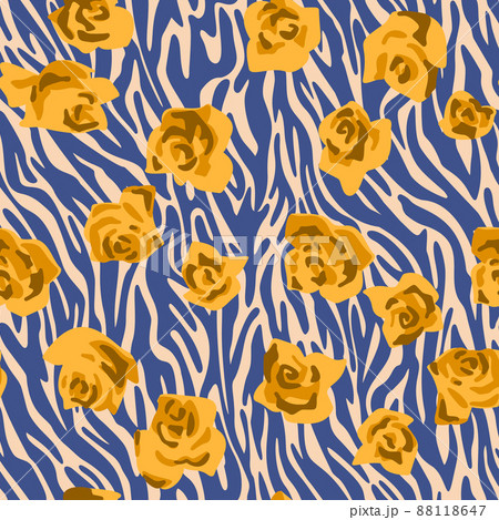 Seamless pattern made of roses buds with zebra stripes skin background. Cut out paper collage style. Mixed print. Summer botanical background. Nature motif for textile and fabric texture. Seamless pattern made of roses buds with zebra stripes skin background. Cut out paper collage style. Mixed print. Summer botanical background. Nature motif for textile and fabric texture. 88118647
