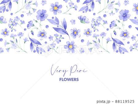 Banner with watercolor very peri flowers. Hand drawn illustration of blooming plants. Botanical background for greeting card design and packaging. Banner with watercolor very peri flowers. Hand drawn illustration of blooming plants. Botanical background for greeting card design and packaging. 88119525
