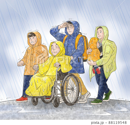 雨の中避難する家族 88119548