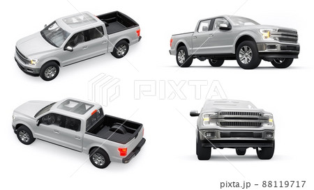 A large modern pickup truck with a double cab, glowing headlights on a white uniform background. 3d rendering. A large modern pickup truck with a double cab, glowing headlights on a white uniform background. 3d rendering. 88119717