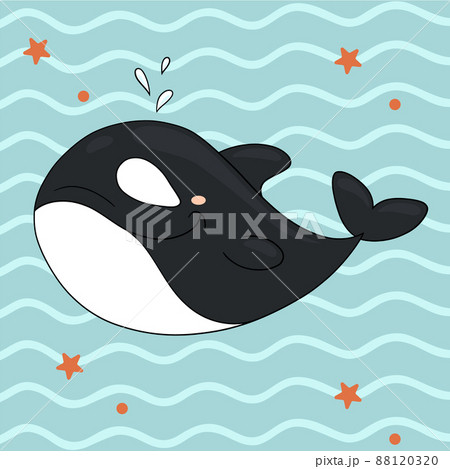 Cute cartoon children's character killer whale with a fountain of spray. The black whale. A resident of the northern seas and oceans. Underwater world. Marine animals. Vector illustration 88120320