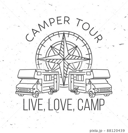 Camper tour. Live, love, camp. Camping quote. Vector illustration. Concept for shirt or logo, print, stamp or tee. Vintage line art design with 3d camper van, wind rose, compass silhouette. 88120439