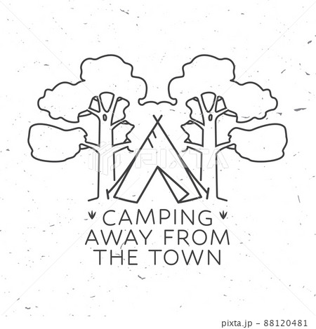 Camping line art badge. Away from the town. Vector. For patch, stamp. Concept for shirt or logo, print, stamp or tee. Design with Camper tent and forest. Camping line art badge. Away from the town. Vector. For patch, stamp. Concept for shirt or logo, print, stamp or tee. Design with Camper tent and forest. 88120481
