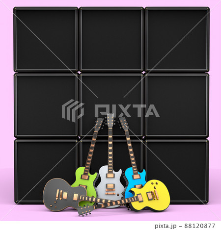 Set of electric acoustic guitar and amplifier on pink background. 3d render of concept for rock festival poster with heavy metal guitar for music shop Set of electric acoustic guitar and amplifier on pink background. 3d render of concept for rock festival poster with heavy metal guitar for music shop 88120877