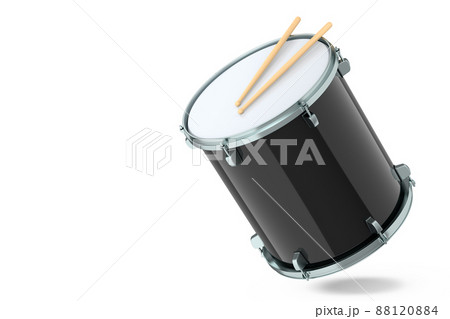 Realistic drum and wooden drum sticks on white background. 3d render concept of musical instrument, drum machine. 88120884