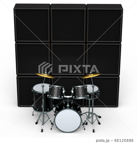 Set of realistic drums with metal cymbals or drumset and amplifier on white background. 3d render concept of musical percussion instrument, drum machine and drumset 88120886