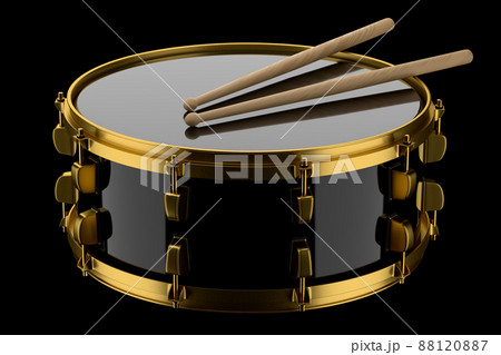 Realistic drum and wooden drum sticks on black background. 3d render concept of musical instrument, drum machine. 88120887