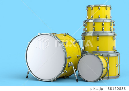 Set of realistic drums or drumset on blue background. 3d render concept of musical percussion instrument, drum machine and drumset Set of realistic drums or drumset on blue background. 3d render concept of musical percussion instrument, drum machine and drumset 88120888