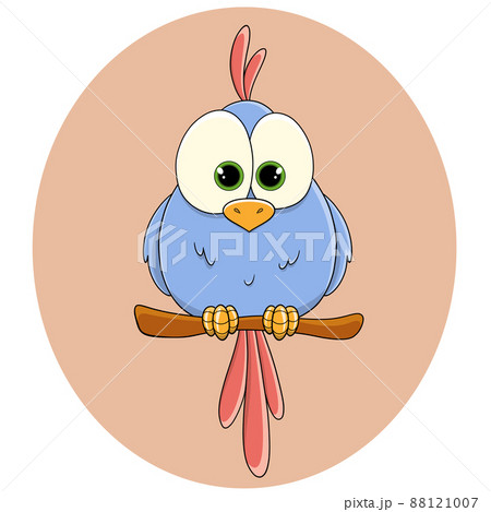 A cute painted blue parrot with bright red feathers and a tuft sits on a perch. A tropical bird. A feathered chick. Macaw parrot. A pet. A wild bird. Funny children's character. Vector. 88121007