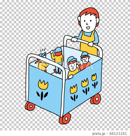 お散歩カートに乗って移動する子供と保育士のイラスト 88121281
