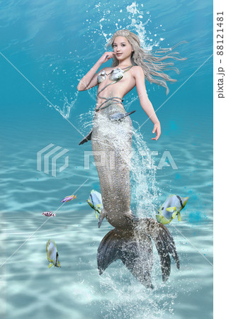魚と一緒に青く透き通った海を泳ぐ笑顔が可愛いマーメイドが口元に手を当てている 88121481