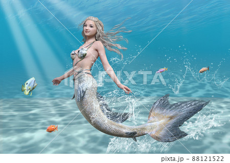 綺麗な青い海で小魚と一緒に楽しそうに泳ぐ可愛いマーメイドのイラスト素材 [88121522] - PIXTA