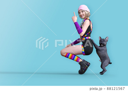 三つ編みで上を指差す横向きにかがんだポーズの女性と腰に前足を添えて立ったポーズをとるフレンチブルドッ 三つ編みで上を指差す横向きにかがんだポーズの女性と腰に前足を添えて立ったポーズをとるフレンチブルドッ 88121567