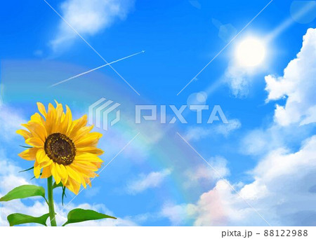入道雲のある青空に飛行機雲ー太陽の下美しいひまわりが咲く初夏フレーム背景素材のイラスト素材 1229