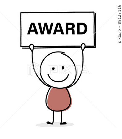 Smiley cartoon businessman with text on a board - award. Vector 88123116