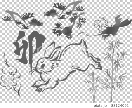 うさぎ 卯年 墨絵 水墨画 年賀状素材 年賀2023 卯 兎 日本画 浮世絵