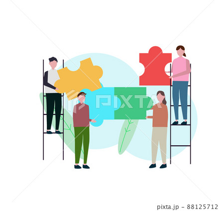 チームでパズルを組み合わせる人々 協力 チームワーク 男性と女性 男女のグループ 知恵とアイディアのイラスト素材