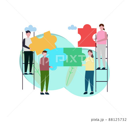 チームでパズルを組み合わせる人々 協力 チームワーク 男性と女性 男女のグループ 知恵とアイディアのイラスト素材