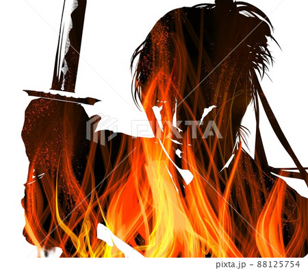 メラメラ燃える炎と白黒切り絵風戦いに挑む若侍の殺陣イラストのイラスト素材