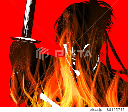メラメラ燃える炎と白黒切り絵風戦いに挑む若侍の殺陣イラスト メラメラ燃える炎と白黒切り絵風戦いに挑む若侍の殺陣イラスト 88125755