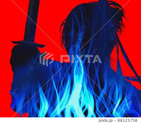 メラメラ燃える炎と白黒切り絵風戦いに挑む若侍の殺陣イラスト メラメラ燃える炎と白黒切り絵風戦いに挑む若侍の殺陣イラスト 88125756