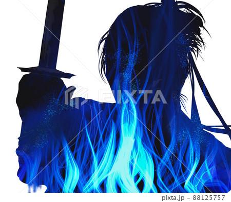 メラメラ燃える炎と白黒切り絵風戦いに挑む若侍の殺陣イラスト メラメラ燃える炎と白黒切り絵風戦いに挑む若侍の殺陣イラスト 88125757