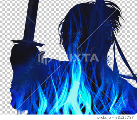 メラメラ燃える炎と白黒切り絵風戦いに挑む若侍の殺陣イラスト メラメラ燃える炎と白黒切り絵風戦いに挑む若侍の殺陣イラスト 88125757