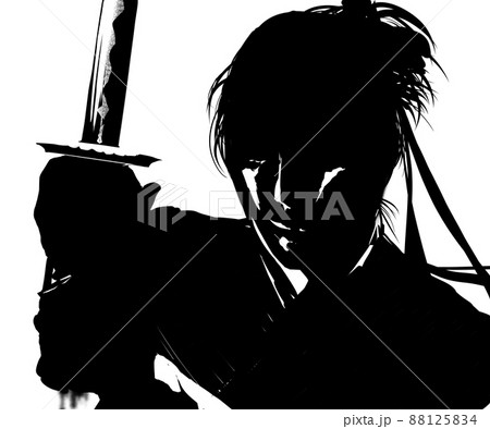 白黒切り絵風戦いに挑む若侍たちの殺陣イラストのイラスト素材