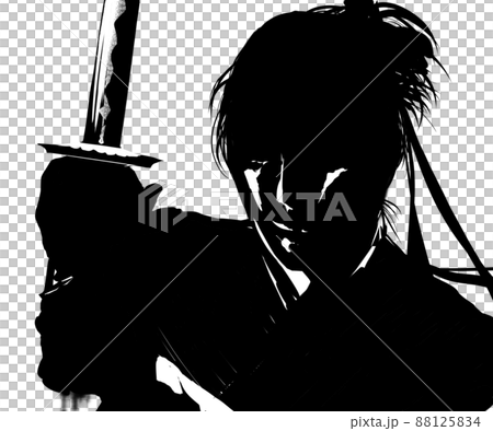 白黒切り絵風戦いに挑む若侍たちの殺陣イラストのイラスト素材