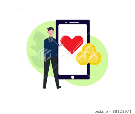 スマホで募金する男性 寄付と支援 携帯とハートと お金 イラストのイラスト素材