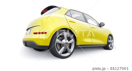 Yellow cute little electric hatchback car. 3D illustration. Yellow cute little electric hatchback car. 3D illustration. 88127001
