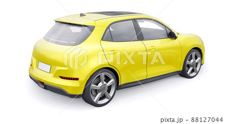 Yellow cute little electric hatchback car. 3D illustration. 88127044