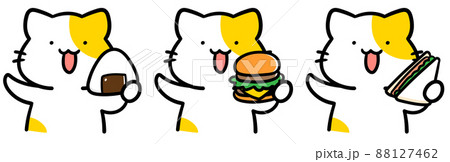 ランチの食べ物を持つかわいいねこのキャラクターの手書き風イラストのイラスト素材