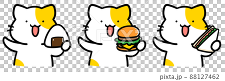 手繪風格的可愛貓角色與午餐食物的插圖 88127462