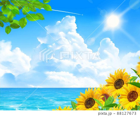 太陽の下入道雲の青い空の下に咲く向日葵と飛行機雲と海のゆらめく波の夏イメージイラスト素材 88127673