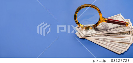 Money with a magnifying glass. Finding profits and losses. A bus 88127723