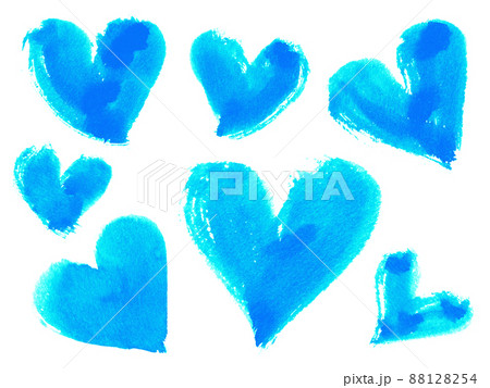 ブルーの水彩絵の具で描いた、手描きのハートいっぱい 88128254