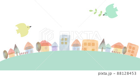 飛ぶ小鳥と水彩の町並み　手描きイラスト 88128453