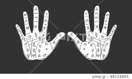 The palm of the left and right hand with the signs of the planets, illustration for palmistry, reading fate on the hand, numerology. Black banner for astrology and zodiac. Vector. The palm of the left and right hand with the signs of the planets, illustration for palmistry, reading fate on the hand, numerology. Black banner for astrology and zodiac. Vector. 88128883