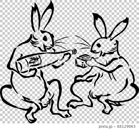 祝い酒で酒盛りをする兎(鳥獣人物戯画風) 88129063