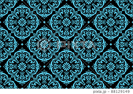 Floral pattern. Vintage wallpaper in the Baroque style. Seamless vector background. Blue and black ornament for fabric, wallpaper, packaging. Ornate Damask flower ornament Floral pattern. Vintage wallpaper in the Baroque style. Seamless vector background. Blue and black ornament for fabric, wallpaper, packaging. Ornate Damask flower ornament 88129149