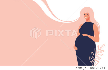 Beautiful modern young pregnant woman on a pink background. Vector concept banner about pregnancy and motherhood. Mom hugs her belly and waits for the baby to be born. Beautiful modern young pregnant woman on a pink background. Vector concept banner about pregnancy and motherhood. Mom hugs her belly and waits for the baby to be born. 88129741