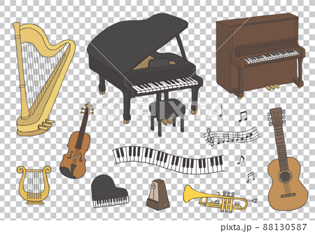 ピアノやバイオリンなど楽器の手描きイラストセット カラー のイラスト素材