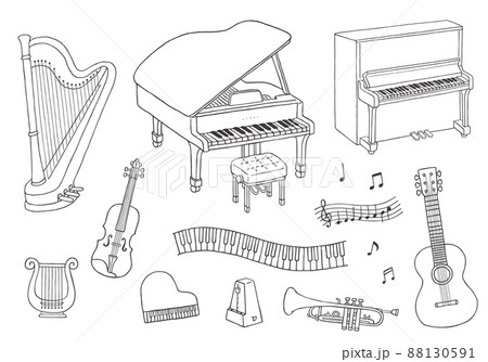 ピアノやバイオリンなど楽器の手描きイラストセット（モノクロ） 88130591